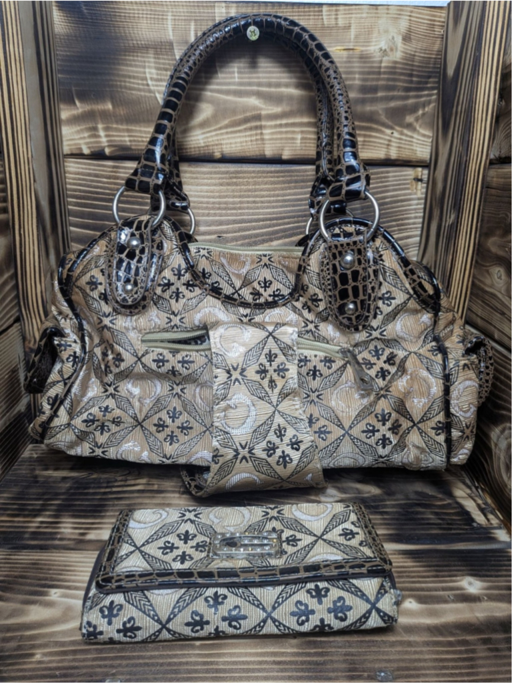 Jacquard Satchel Bag Womens Large Brown Western Fleur De Lis Wallet Set Handbag